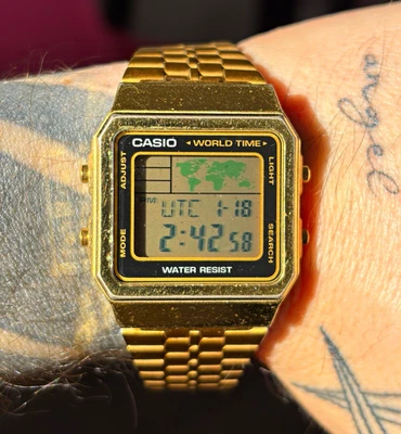 Casio World Time A500W Quartz Digital Alarm Water Resistant Gold Steel Bracelet