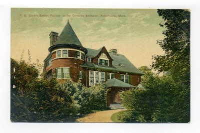 Auburndale MA, F. E. Clark's Estate, mansion, tower, postcard, Newton, AS IS