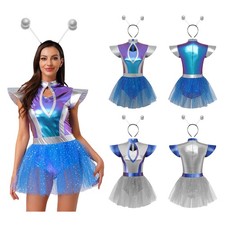 Womens Space Alien Costume Color Block Metallic Tulle Skirted Bodysuit Headwear