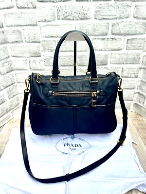 PRADA Black TESSUTO NYLON VITELLO Leather Trim Convertible 2 WAY #165 Authentic!