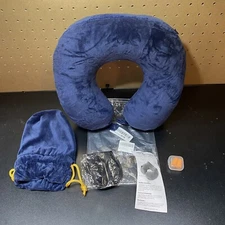 Travel Pillow Brand New with Tags Blue with Eye Mask, Earplugs, Travel Bag-Open