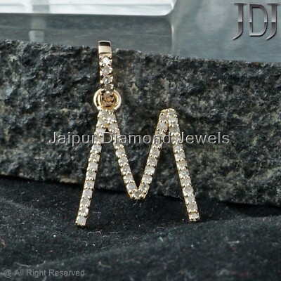 M Initial Pendant Charm Solid 14k Yellow Gold Fine Pave Natural Diamond Jewelry