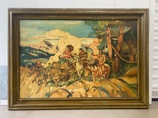 🔥 Antique Old American WPA Wild West Cowboy Oregon Trail Indian Oil Painting