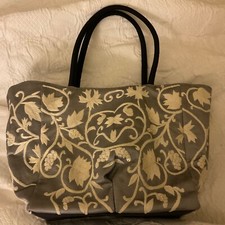 Gray and Ivory Fabric Purse Embroidery Scroll Floral Sequin design 12x9 Rare