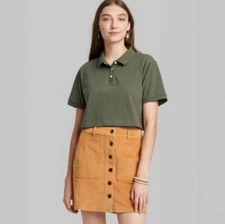 Women's Short Sleeve Boxy Cropped Polo T Shirt Wild Fable Olive Green XS 