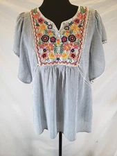 Signature Studio Blue & White Striped Shirt W/Embroidery Boho Babydoll Sz S
