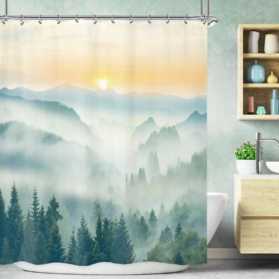 Misty Mountain Shower Curtain 60Wx72H Inch Greenery Nature Pine Tree Foggy Scene