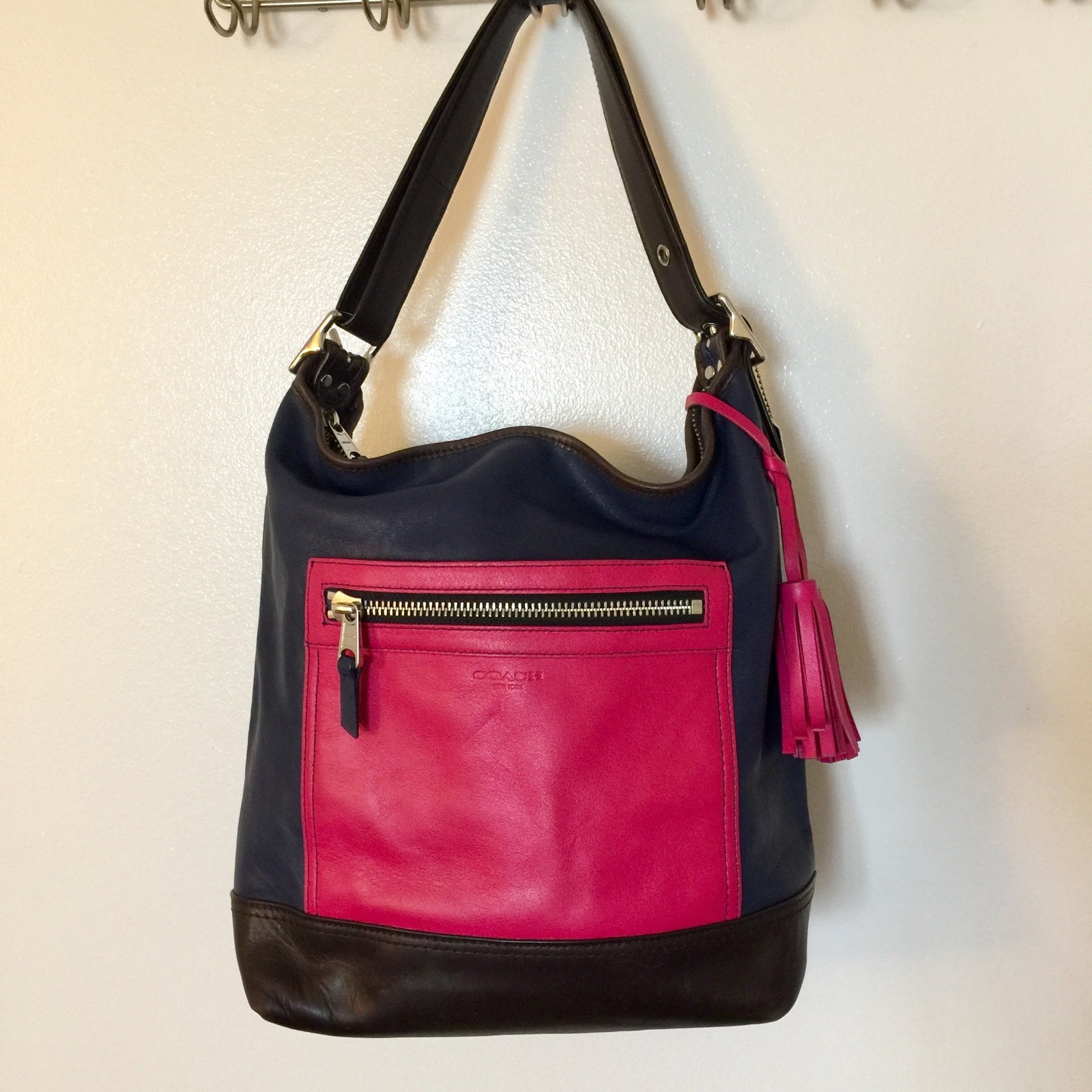 Coach Legacy Colorblock Leather Shoulder Tote Bag Blue Fuschia Black EUC