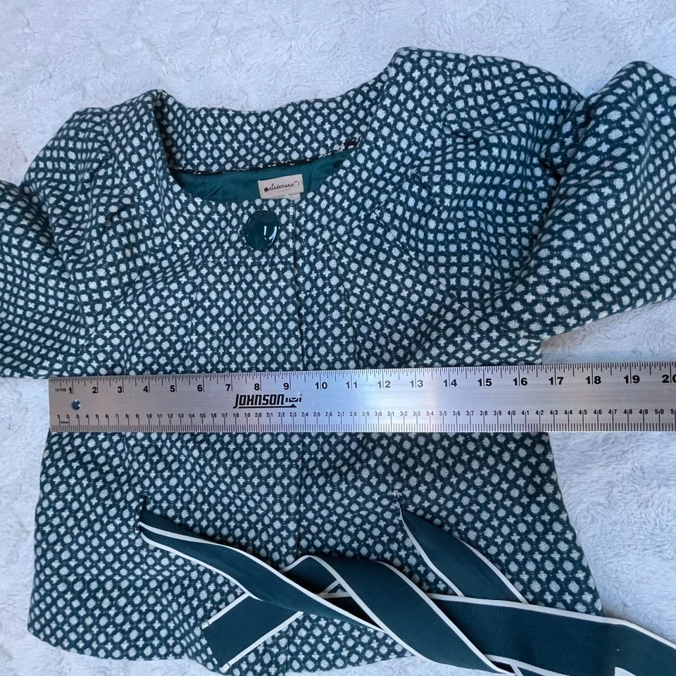 Anthropologie Elevenses Tea Cozy Teal Tweed Tie Front Crop Blazer Jacket Size 4 - Image 4 of 4