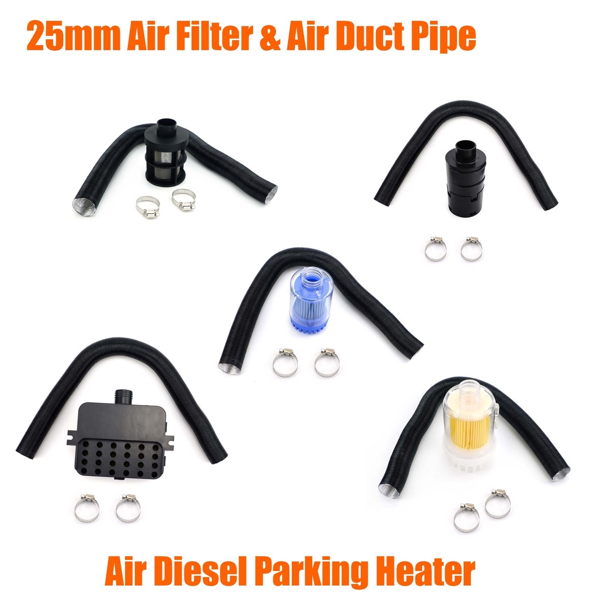25mm Air Diesel Heater Intake Filter Intake Duct Ducting Pipe 2x Clips