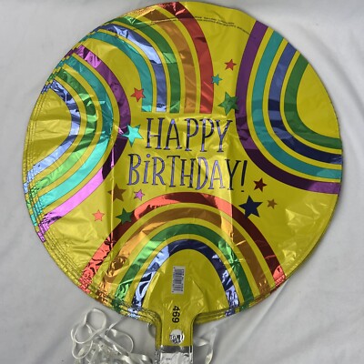 Case of 25 Yellow Rainbow 18'' Round Happy Birthday Mylar Balloons with Ribbon