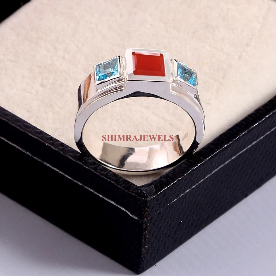 Anel masculino de prata folheado a ouro branco 18k pedra preciosa ônix vermelho natural #1877 - Imagem 3 de 4