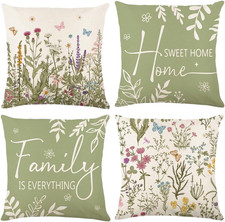 Spring Summer Pillow Covers 18X18 Set of 4 Sage Green Wild Plant Floral Throw Pi