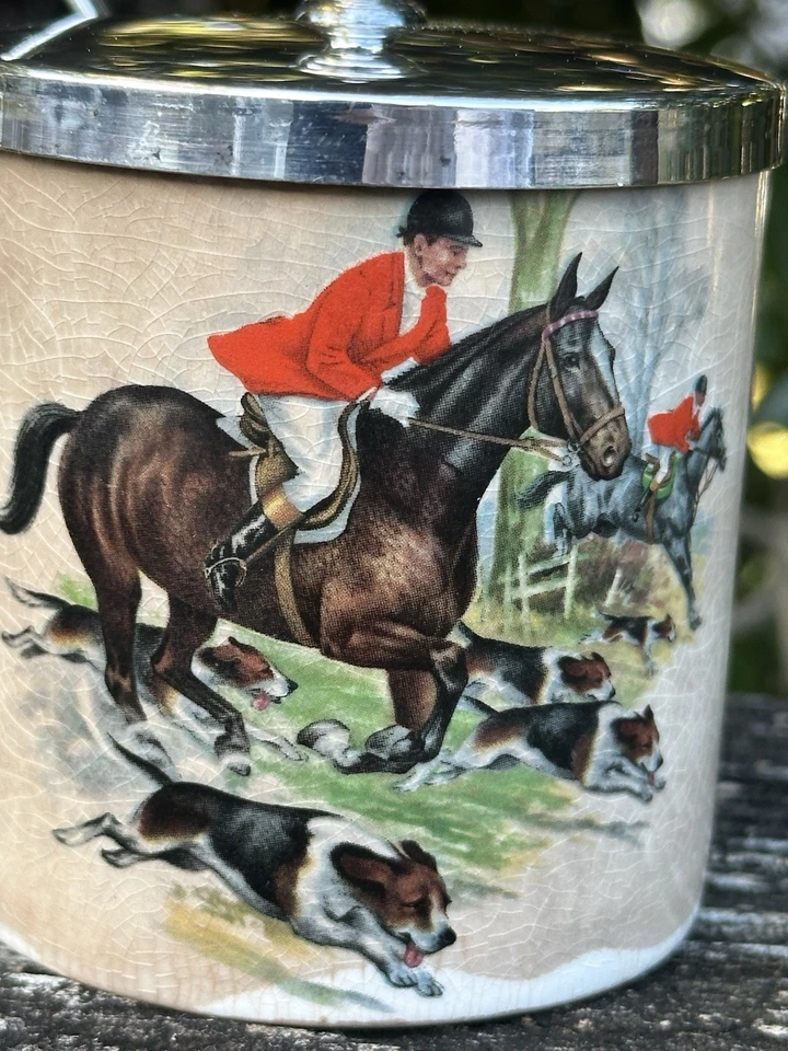 Antigua tapa y cuchara de azucarero Royal Norfolk escena de caza finales de 1800 Inglaterra Foto 2 de 4