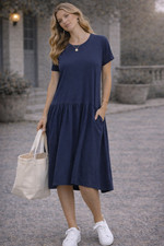 Wilfred Aritzia Navy Cotton Tiered Midi Dress M Casual Minimalist Chic
