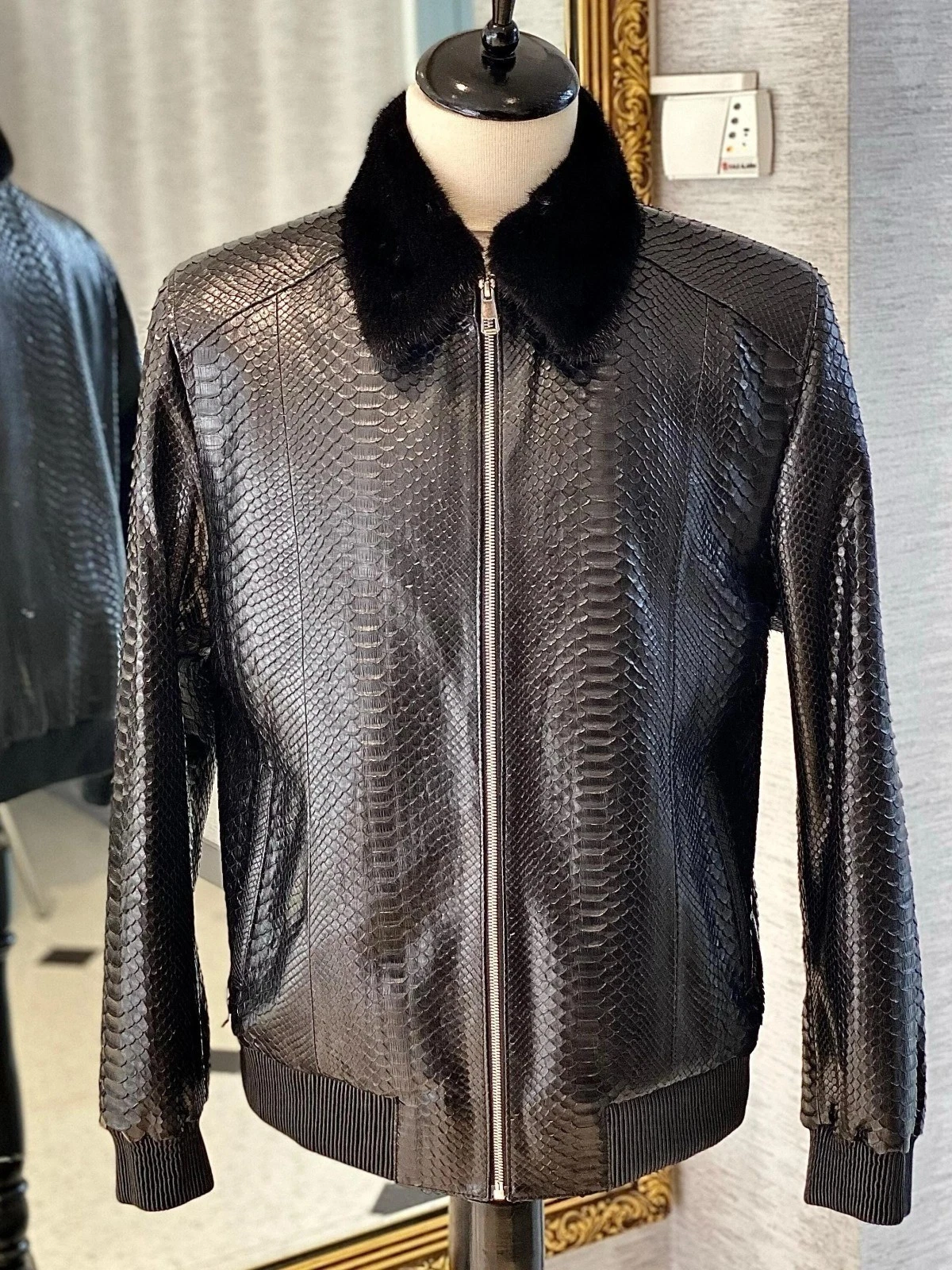 Men's Black Python Embossed Real Leather Jacket Fur Collar Zip Front Luxury Coat