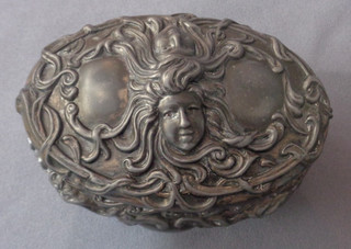Antique Art Nouveau Casket Trinket Box Lady Face Flowing Hair #139 Silver Metal