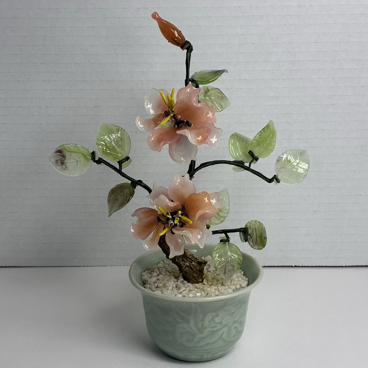 Vintage Glass Bonsai Flowering Tree In Decorative Pot -Pink