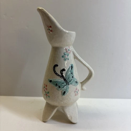 Hull Vintage MCM Pottery Serenade Mini Ewer Pitcher Butterfly Cream Teal Pink 6”