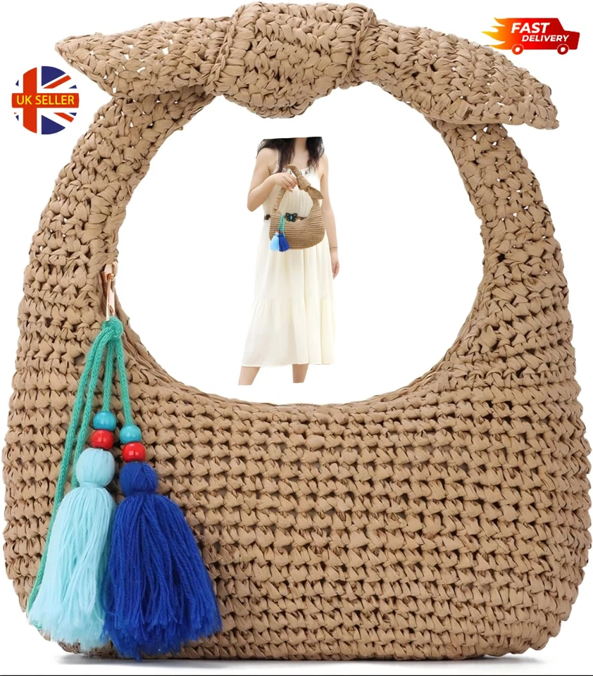 Straw Bow Clutch Knotted Summer Beach Handbags Woven Tote Bag for Party Wedding - Image 2 of 4
