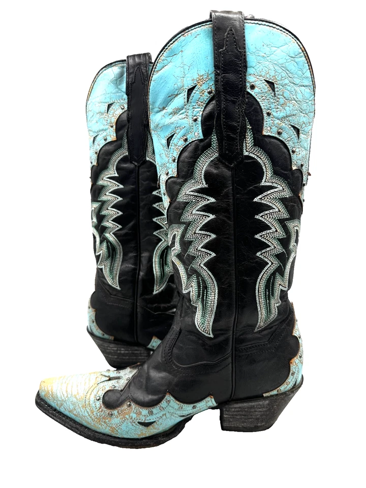 Bota Western Dan Post para mujer Tia superpuesta punta corta Dp3765 azul 6 1/2 Landman Foto 4 de 4