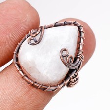 Rainbow Moonstone Gemstone Handmade Wire Wrap Copper Jewelry Ring 7.75" PG 140