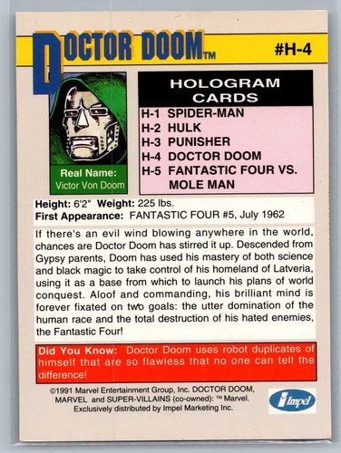1991 Impel Marvel - Doctor Doom Hologram #H-4 - EX *TEXCARDS* - Picture 2 of 2