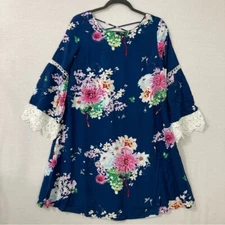 New Davi & Dani Blue Floral Lace Detail Soft Lightweight Summer Dress Small