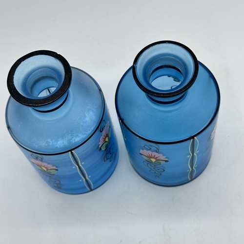 Czechoslovakia Blue Satin Glass Two Handpainted Enamel Vintage Perfume Bottles - Picture 8 of 16