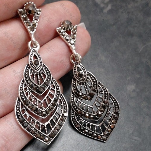 2"long MARCASITE crystal RETRO EARRINGS antique style HEMATITE silver rhinestone - Picture 6 of 11