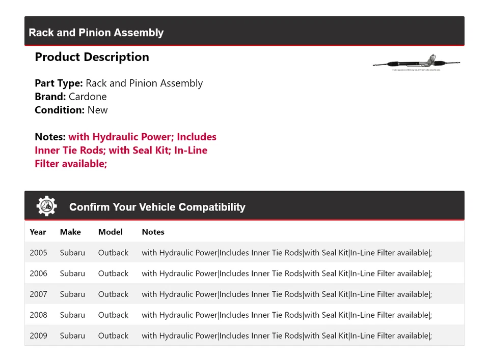 Conjunto de piñón y cremallera Cardone 2006 2007 2008 para Subaru Outback 2005-2009 Foto 2 de 4