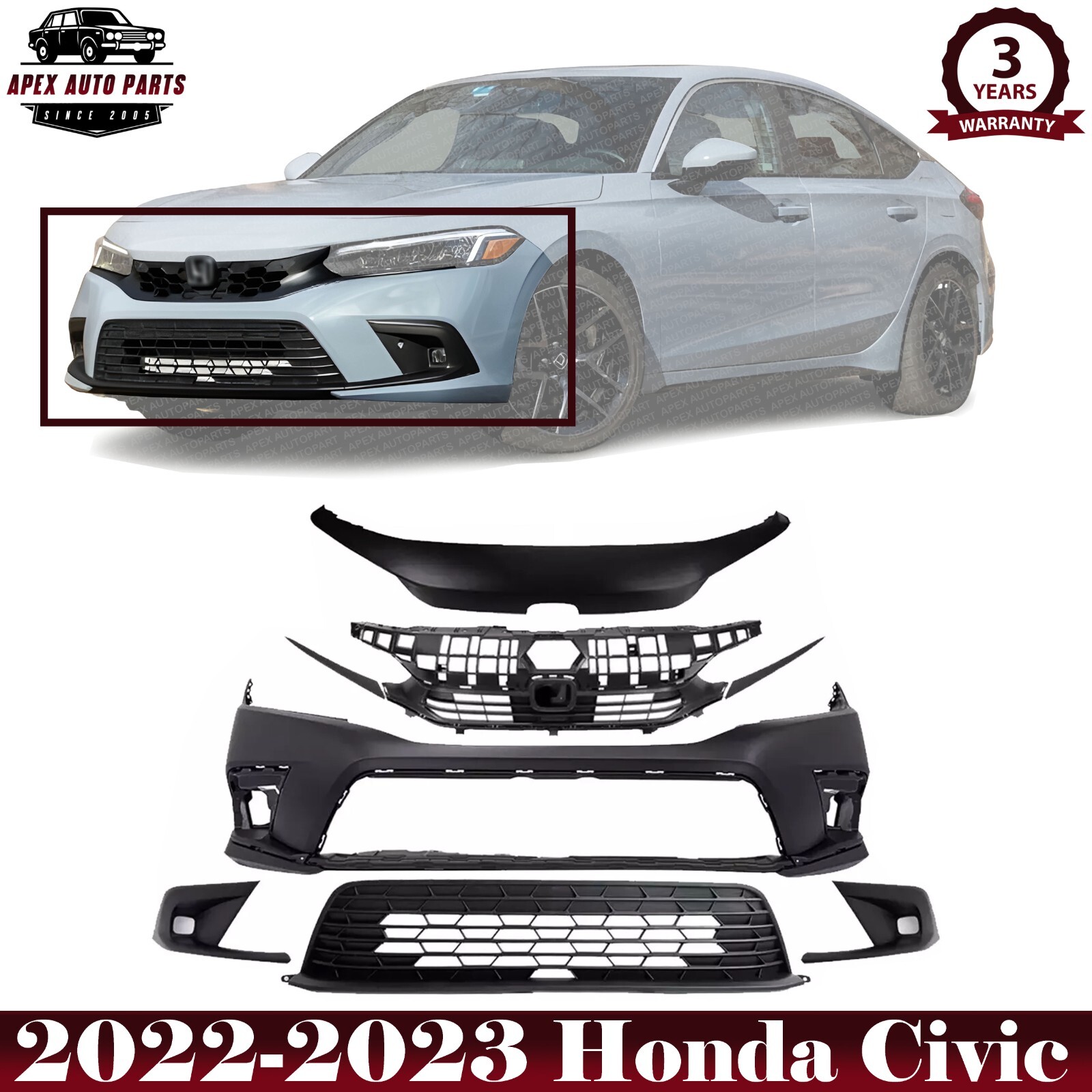 Front Bumper Cover Paintable & Grille Assembly Kit For 2022-2023 Honda Civic