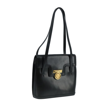 CELINE Shoulder Bag Leather Black Gold Auth 104283
