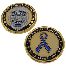 Thin Blue Line Challenge Coin Police Officer Badge Shield Blue Lives Matter Gold