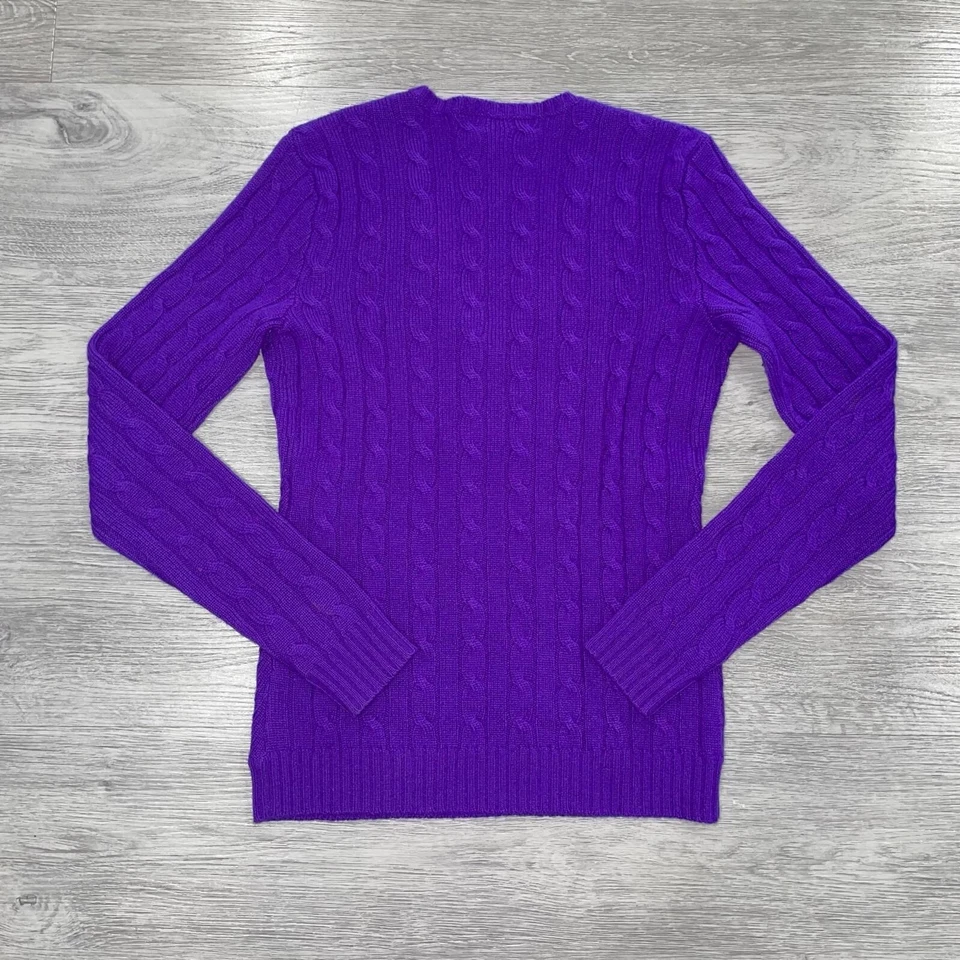 Suéter Ralph Lauren Etiqueta Negra Cachemira Mujer Pequeño Tejido con Cable Cuello en V Pullover Foto 2 de 4