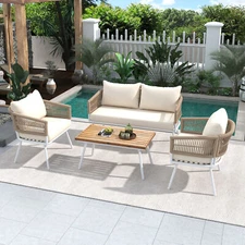 4-Piece Boho Rope Patio Furniture Set, Outdoor Patio Furniture Set for Backyard