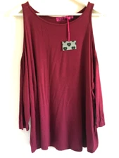 NEW BOOHOO Cold Shoulder 3/4 Sleeve Burgundy  Jersey Top Blouse Size UK 8