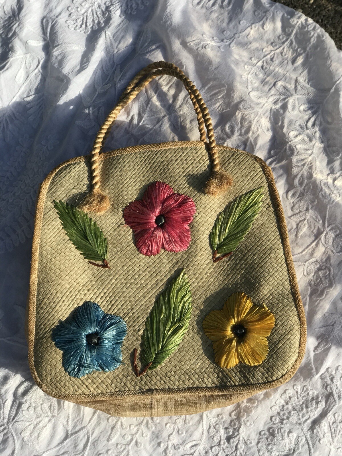 Vintage Straw Tote Bag Wicker Purse With Flowers Gem