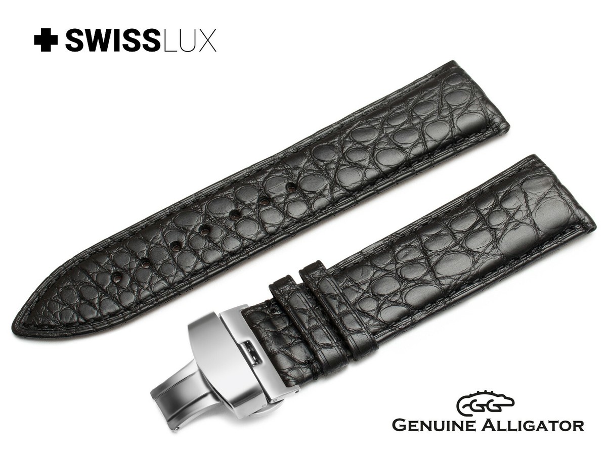 047◆ROLEX LEATHER WATCH BAND ALLIGATOR Crocodile Alligator Leather For ROLEX Watch Black Strap Band
