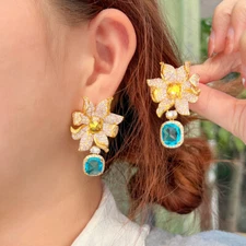 Women Statement Gold Plated Flower Drop Earrings Cubic Zirconia Wedding Jewelry