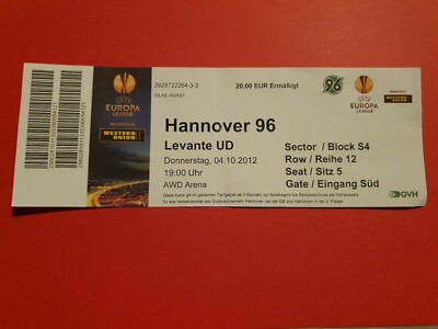 Used Ticket UEFA CL EL 2012/13 Hannover 96 vs UD Levante
