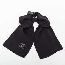 CHANEL black quilted pattern silk bow floral cc logo hair tie scrunchie