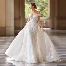 Off Shoulder Wedding Dress Lace Appliques Mermaid Detachable Train Pleated Bride