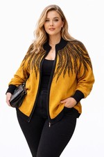 Woman’s Plus 1x Bob Mackie Wearable Art Zip Down Sweater  Feather Print Mustard