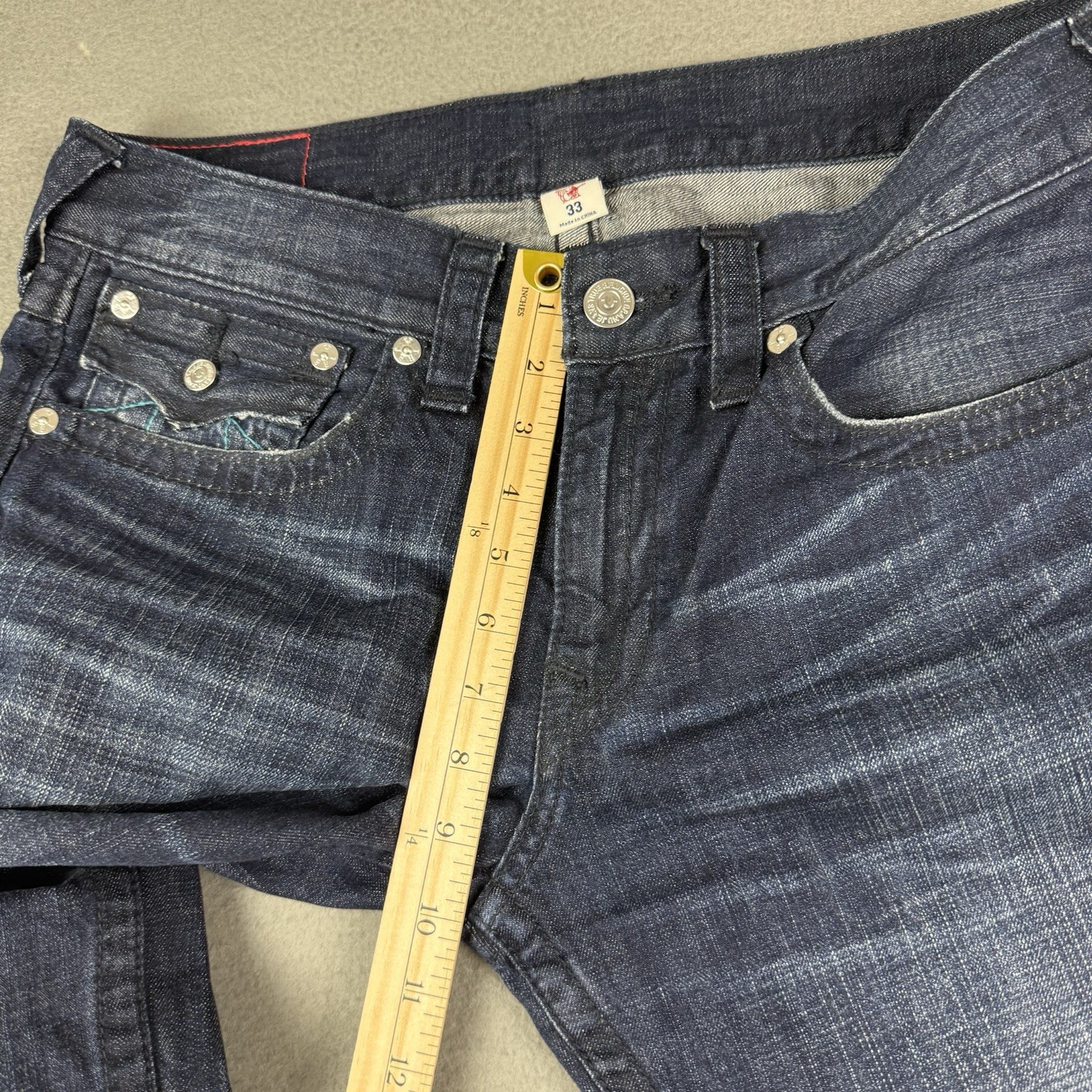 True Religion Jeans Men's 33 (Fits 35x34) Skinny Flap Pockets Blue Embroidered