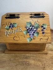 Vintage Wooden Recipe Card Box Hand Painted Grapes Country Grandma Cottage Core