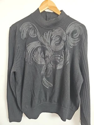 Vintage Aplique Pullover Angora Wollmischung Schwarz Italienisch Größe M 14 16 - Bild 1 von 4