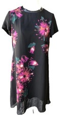 Taylor Women 8 Black Floral Shot Sleeve Chiffon Knee Length Shift Dress UU