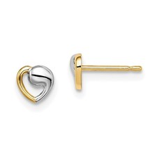 14k Yellow Gold with White Rhodium Heart Post Stud Earrings for Women 0.35gm