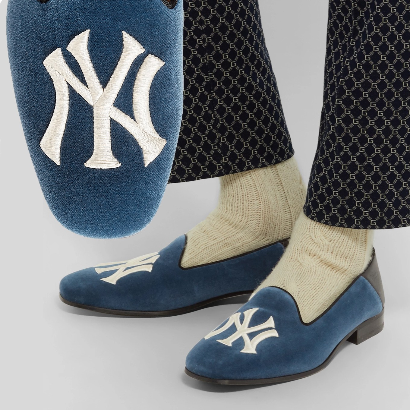 GUCCI Mens NY Yankees Blue Velvet Loafers Size 8 US 8.5 $890
